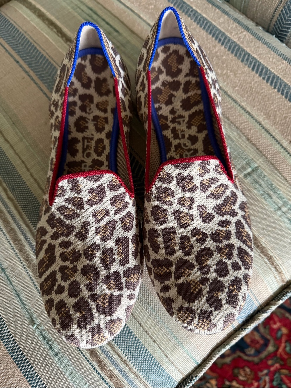 Rothy's Leopard Print Slip-On Flats with Red & Blue Trim